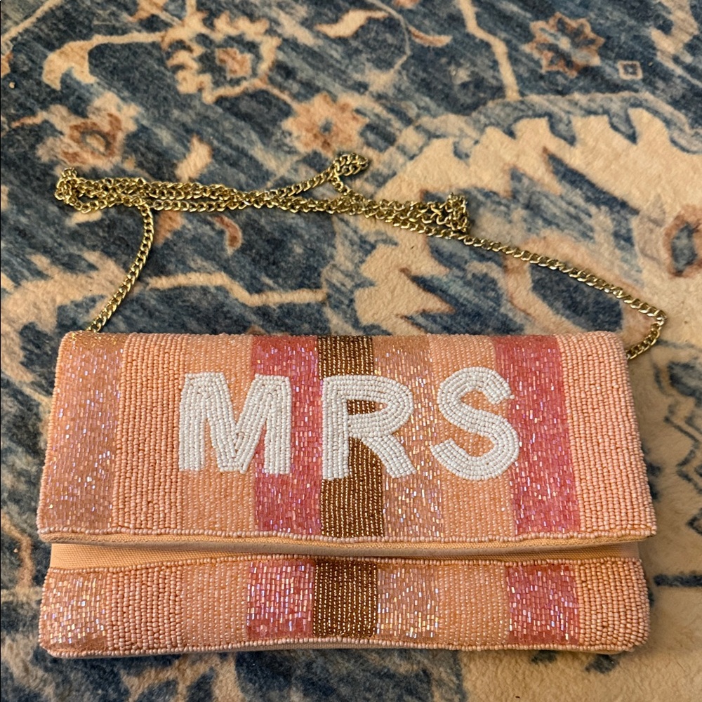Elegant Pink Beaded Clutch with Gold Chain
